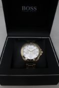 A women's boxed as new Hugo Boss Gold Chronograph Watch 39mm case/18mm Band Width/5 ATM (REF: