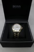 A women's boxed as new Hugo Boss Gold Chronograph Watch 39mm case/18mm Band Width/5 ATM (REF: