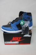 A pair of as new Nike Air Jordan 1 Retro High OG Dark Marina Blue (UK 10, box has no lid).