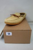 A pair of Easymoc sand suede Vibram Gum camp sole slip-on shoes/slippers (UK 12.5).
