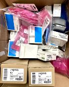 COLLECTION ONLY: A box of assorted as new hearing aids, hearing aid batteries and accessories.