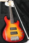A pre-owned G & L L.2500 - 5 String Bass in a red/orange burst.