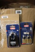 Five ABUS 190CS/60 60mm Combination Padlocks Closed Shackle and six ABUS 30mm Quad Pack 65/30 Visi
