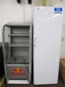 A pre-owned Indesit free standing tall fridge (Siaa 12) and a pre-owned Red-Bull open chiller drinks