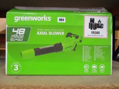 A boxed as new Greenworks 48V battery powered axial blower, comes with two batteries and a charger.