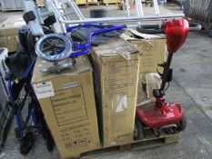 A quantity of mobility equipment to include zimmer frames and mobility scooter (No keys) (Viewing