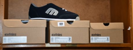Three pairs of boxed as new Etnies Lo-Cut II shoes in dark navy and olive (UK 7, 11, 12).