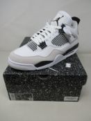 A boxed as new pair of Air Jordan 4 Retro in White/Black-Neutral Grey (UK 11).