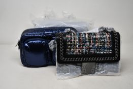A Carvela Bailey quilted chain fabric shoulder bag and two Carvela Lush nylon navy X-Body handbags.