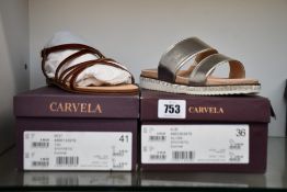 Two pairs of women's boxed as new Carvella Sandals - Best (EU 41) and Alibi (EU 36).