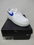 A pair of as new Nike Air Force 1 '07 in White/Game Royal (UK 8.5, Box Damaged).