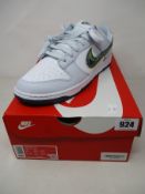A boxed as new pair of Nike Dunk Low in White/Blackend Blue-Volt (UK 9).