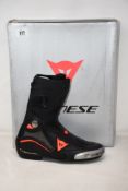 A pair of men's boxed as new Dainese Axial D1 Motorcycle Boots in black/fluorescent red (EU 41).