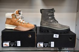 Two pairs of women's boxed as new Sorel waterproof boots: Lennox Street Boot in sage/dark moss (UK