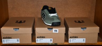 Three pairs of boxed as new Etnies Lo-Cut II shoes in olive (UK 7 x 1, UK 9 x 2).