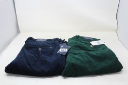 Two pairs of as new Ralph Lauren cord pants, one in blue (W31/L34) and one in green (W30/L32).