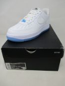 A pair of women's boxed as new Nike Air Force 1 07 LX white/blue (Size UK 8).