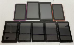 Nine pre-owned Amazon Fire Tablets to include; 2 x M8S26G, 2 x SR043KL, 2 x SV98LN, 1 x PR53DC, 1 x