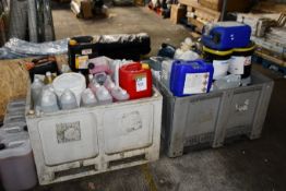 Two stillages of miscellaneous liquids and related items (Stillages not included).