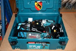 A pre-owned Makita DDF481 Cordless Drill with batteries, charger and bits (UK adapter required for