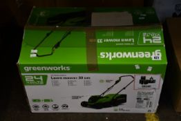 An as new Greenworks 24V Hand Pushed Lawn Mower 33cm (1x Battery and Charger included).