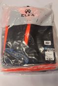 Six as new Elka Fishing Extreme Smocks in fluorescent orange and navy (Junior 8 and 10, 2 x M, 2 x
