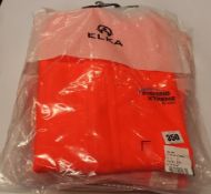 Four as new Elka 179801 Fishing Xtreme PVC waterproof jackets in fluorescent orange (2 x S, 2 x M).