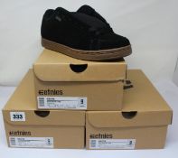 Three pairs of men's boxed as new Etnies Kingpin Suede Skate Trainers in black dark grey gum (UK