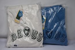 Two men's as new Deus Ex Machina Active Listening Hoodies in Blue Heaven and Vintage White (M).