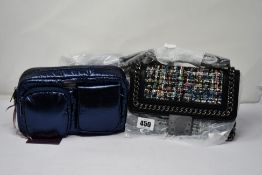 A Carvela Bailey quilted chain fabric shoulder bag and two Carvela Lush nylon navy X-Body handbags.