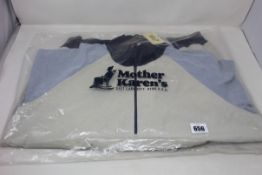 An as new Mother Karen's Original Powdershirt (Large, Heather Pale Khaki/Heather Navy Blazer).