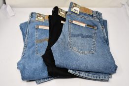 Three pairs of men's as new Nudie Jeans: Lean Dean Dry Everblack (W29, L32), Lean Dean Vintage Touch