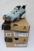 Two pairs of women's boxed as new Salomon Cross Hike GTX in Slate/Trooper/Almond Cream (UK 4 and 4.
