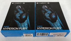 Two boxed as new Logitech G402 Hyperion Fury Wired Gaming Mice (P/N: 910-004068 EAN: 097855105660).