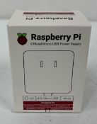 One hundred boxed as new Raspberry Pi Micro USB US 2-pin Power Supplies in White (EAN: 617588405730)