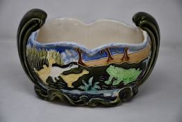 A Gustave De Bryun French Small Oval Majolica Jardiniere, France, Fives-Lille, Circa 1890, H 10cm