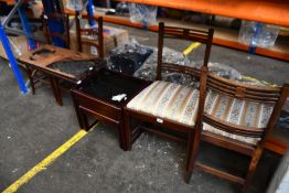 Two vintage dining chairs (One with upholstery damage), a two-fold decorative carved wooden panel