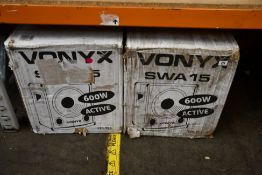 A pair of Yonyx SWA 15 Active Subwoofers (Boxes have some damage).