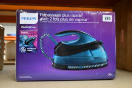 A boxed as new Philips Perfect Care Compact Steam Generator Iron (GC7846, may require UK adaptor).