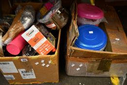 Two boxes of assorted stainless still homewares and related items.