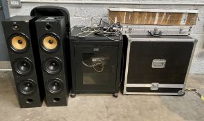 COLLECTION ONLY: Two flightcases, four speakers (sold for parts) and a server cabinet (locked, no ke