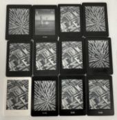 Twelve pre-owned Amazon Kindle E-Readers (Various models, grades C-D) (Sold as seen).