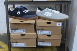 Two pairs of Etnies Windrow in grey (UK 10) and two pairs of Etnies Marana in navy (UK 9 and 12).