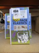 Five boxes of Ormco Zoo Pack Elastics - Impala, Chipmunk and Quail (50 bags of 100 per box).