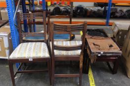 Two vintage dining chairs (One with upholstery damage), a two-fold decorative carved wooden panel