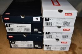 Two pairs of boxed as new Globe Skateboarding Los Angered II in black/antique (USA 11) and three