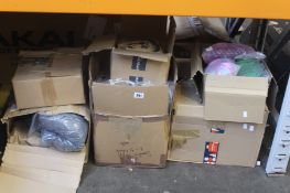 Six boxes of assorted pet items to include poop bags, pet beds, collars and rope toys.