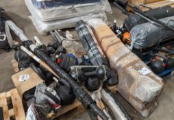 Two pallets of weights to include weight bars, dumbbells, punch bags and weight bench.