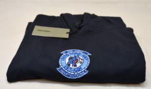 A men's as new Maharishi Sez Wolf Patch Hooded Sweatshirt in navy (L).