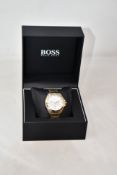 A women's boxed as new Hugo Boss Gold Chronograph Watch 39mm case/18mm Band Width/5 ATM (REF: